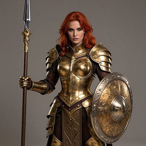 Photograph of a fierce, red-haired woman in golden medieval armor, holding a spear and ornate shield, against a gray background.
