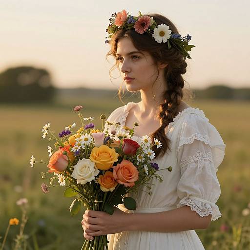 Photograph of a young woman with braided brown hair, wearing a white lace dress and flower crown, holding a vibrant bouquet of roses and wildflowers