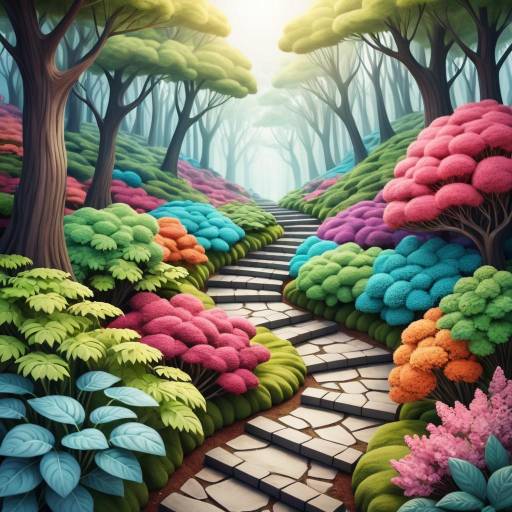 Whimsical Forest Path Through Colorful Shrubs