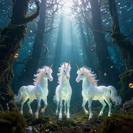 Photograph-like CGI of three glowing white unicorns with rainbow manes, standing in a mystical, sunlit forest, surrounded by ethereal lights.