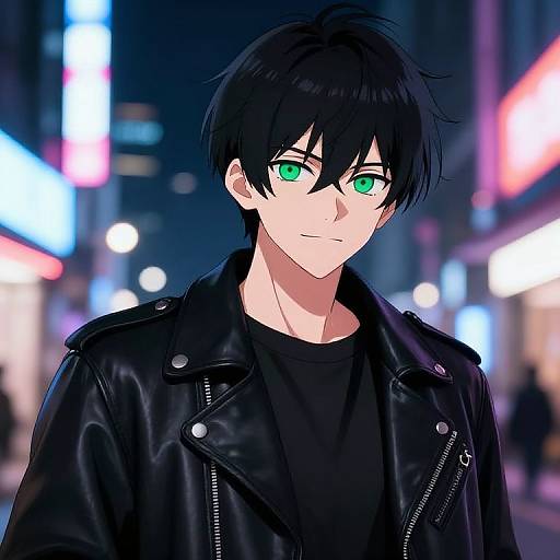 Anime-style digital drawing of a young man with black hair, green eyes, wearing a black leather jacket over a black shirt, standing in a brightly lit