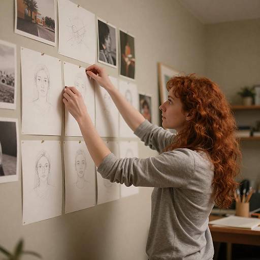 Redhead Artist Pinning Sketches in Studio