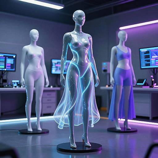 Photorealistic digital art of three glowing, neon-lit, futuristic mannequins in a high-tech lab with blue and purple lighting.