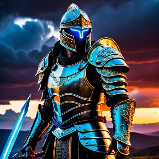 Glowing Armored Warrior Against Stormy Sky Glowing Armored Warrior Against Stormy Sky