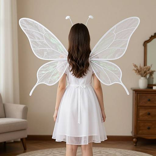 Photograph of a young girl with long brown hair, wearing a white dress and transparent, glowing butterfly wings, standing in a softly lit, cozy living