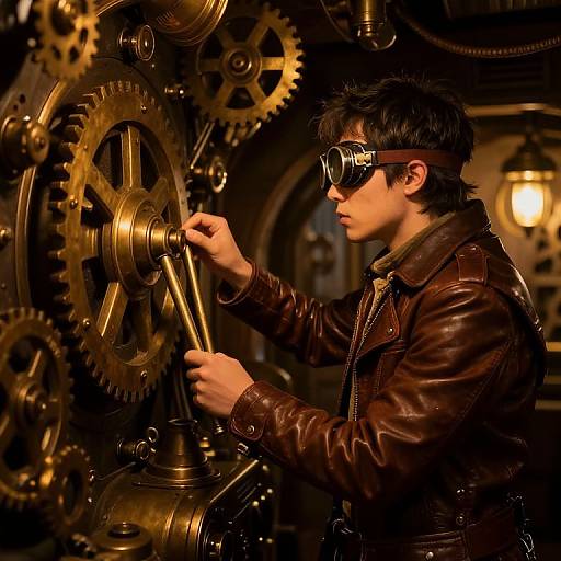 Steampunk-themed photograph of a young man with black hair, wearing dark sunglasses and brown leather jacket, adjusting intricate golden gears in a dimly lit