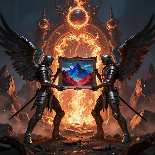 Surreal Winged Guardians with Fiery Portal