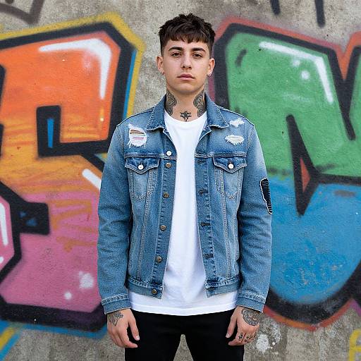 Young Man with Tattoos by Graffiti Wall