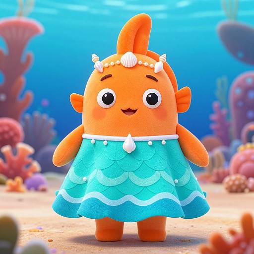Cute, orange, cartoon fish character with black eyes, wearing a turquoise, scallop-patterned dress and white seashell headdress, standing