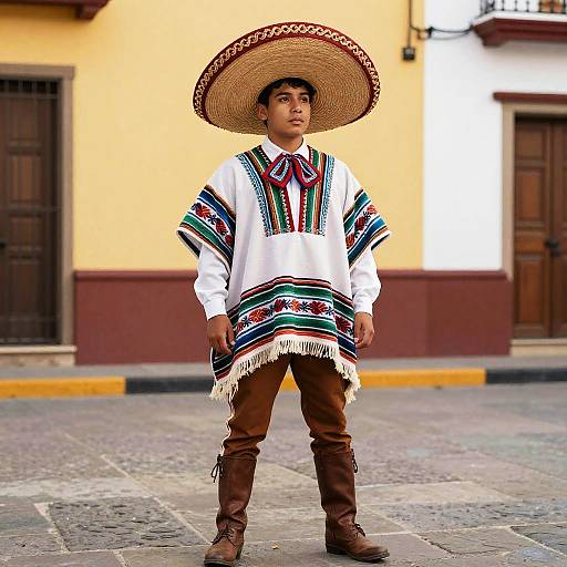 Young Man in Traditional Mexican Poncho and Sombrero
