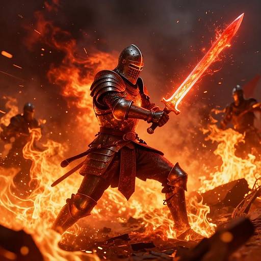 Photorealistic CGI of armored knight wielding glowing red sword amidst roaring flames, surrounded by dark, smoky background and shadowy figures.