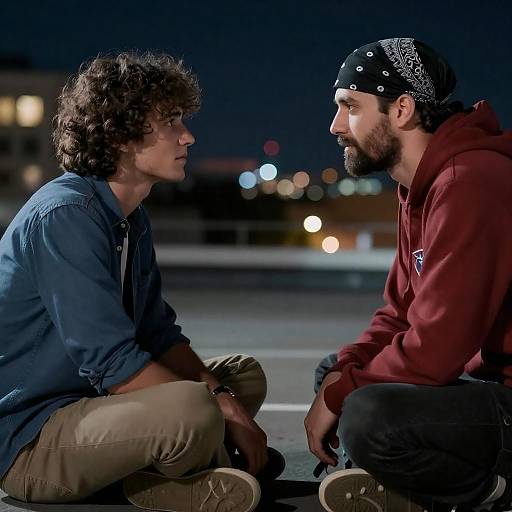 Nighttime Rooftop Conversation Between Friends
