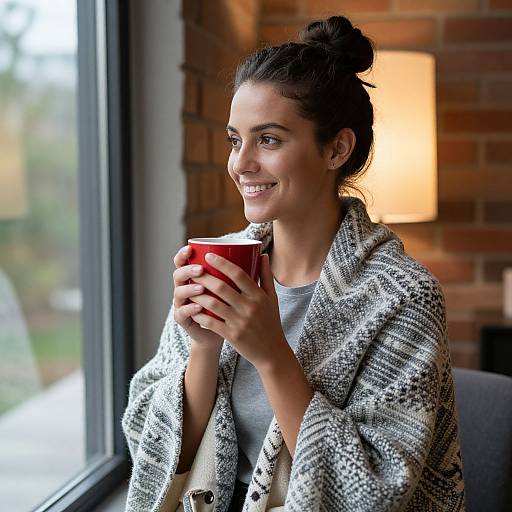 Photograph of a smiling woman with dark hair in a bun, wearing a gray sweater and patterned cardigan, holding a red mug, sitting by