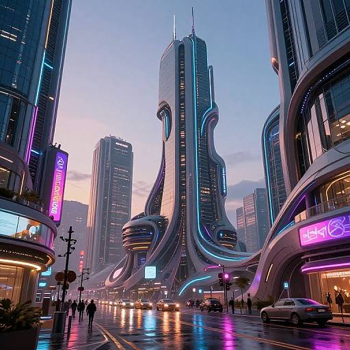 Futuristic cityscape photograph at dusk featuring a towering, curved skyscraper with neon lights, surrounded by modern buildings and a wet, reflective street.