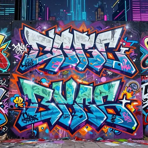 Vibrant neon graffiti mural with bold, jagged blue and white letters, surrounded by colorful tags and cityscape background. Digital art style.