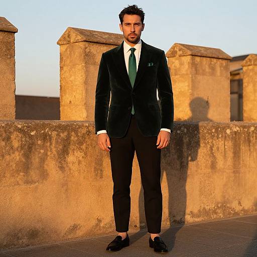 Photograph of a bearded man in a black velvet suit, white shirt, green tie, and black shoes, standing against a sunlit, textured