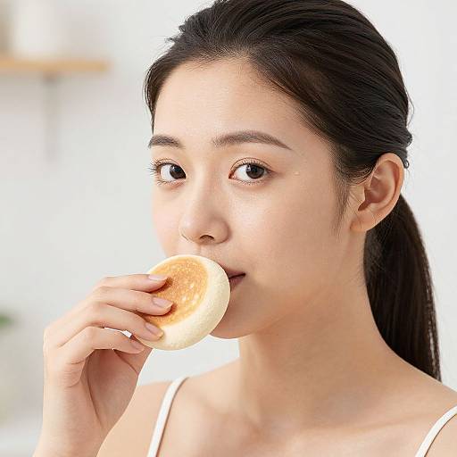 Photograph of an Asian woman with black hair in a ponytail, eating a plain donut, wearing a white tank top, against a bright,