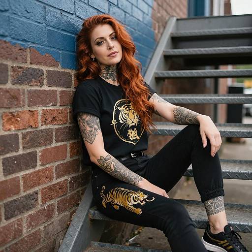 Tattooed Redhead on Urban Stairs
