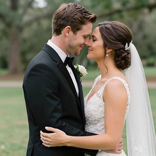 Photograph of a smiling bride and groom in black tuxedo and white lace wedding dress, sharing an intimate kiss outdoors with greenery blurred in the