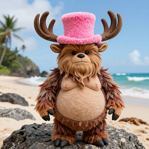 Photograph of a plush, brown, furry, cartoon reindeer with a pink, fluffy top hat, standing on a rocky beach, with palm trees