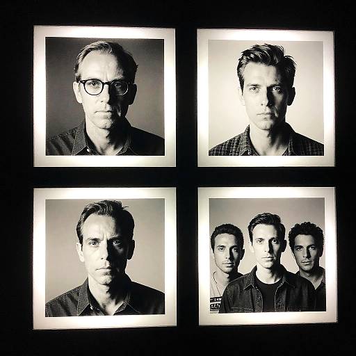 Black-and-white photograph collage of four male headshots: three solo, one group, all with intense expressions, glasses, and checkered shirts.