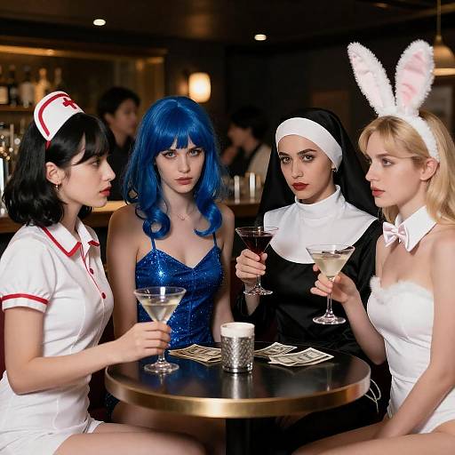 Four Women in Costumes at a Bar