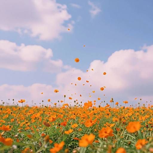 Photograph of a vibrant orange wildflower field under a bright blue sky with fluffy white clouds, with flowers gently floating upward.