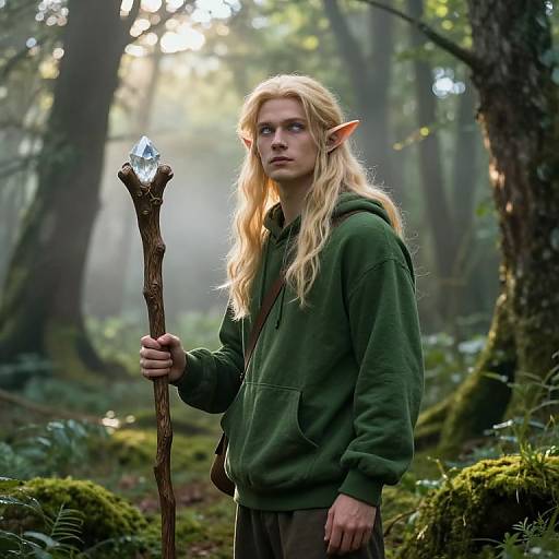 Mystical Blonde Elf at Dawn Forest