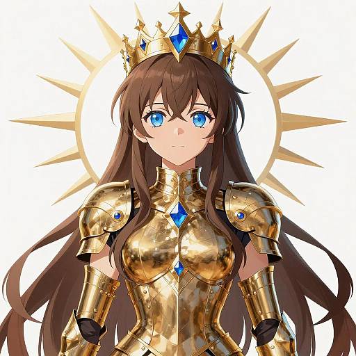 Anime Female Warrior with Crown and Gold Armor