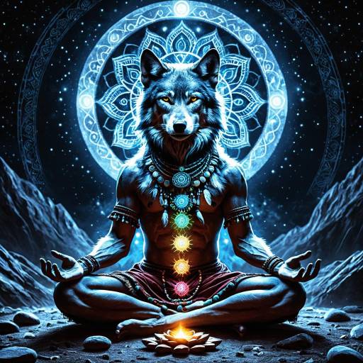 Shaman Wolf Meditating with Chakras