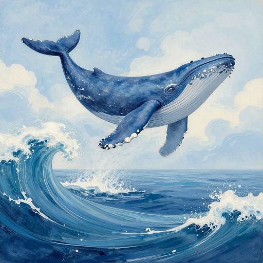 Digital illustration of a blue whale leaping out of a large, crashing ocean wave under a bright, cloudy sky.