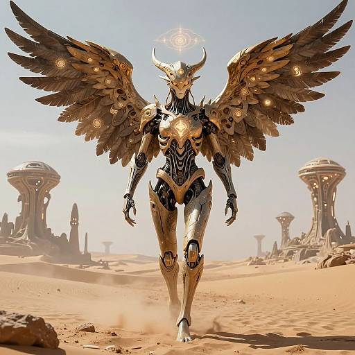 Digital artwork of a robotic angel with golden wings, glowing eyes, and a helmet, walking through a desert with futuristic structures.