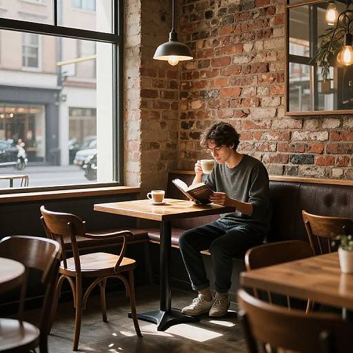 Photograph: Young man with curly hair, wearing dark gray shirt and white sneakers, sits in sunlit, rustic café, reading on laptop. Ex