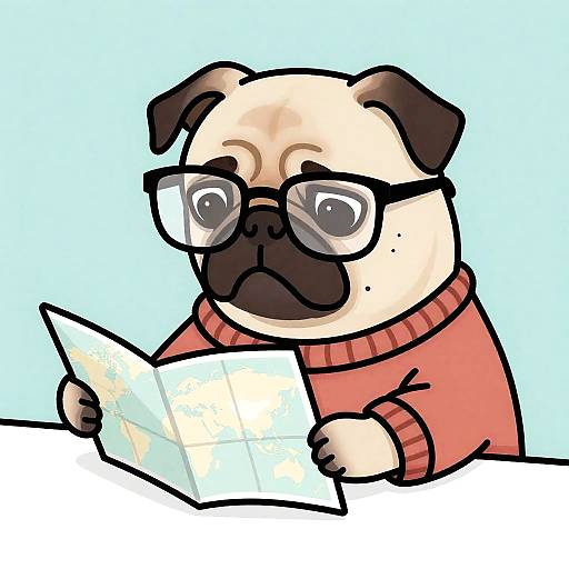 Cartoon Pug Studying Map