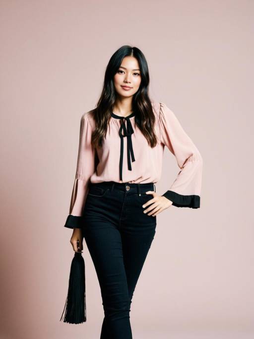 Asian Woman in Blush Pink Blouse and Black Jeans