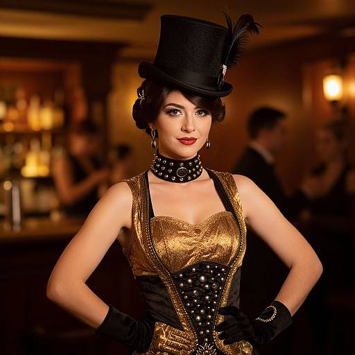 Photograph of a glamorous woman in an Art Deco-style dress, black top hat with feather, black choker, and gloves, standing in a