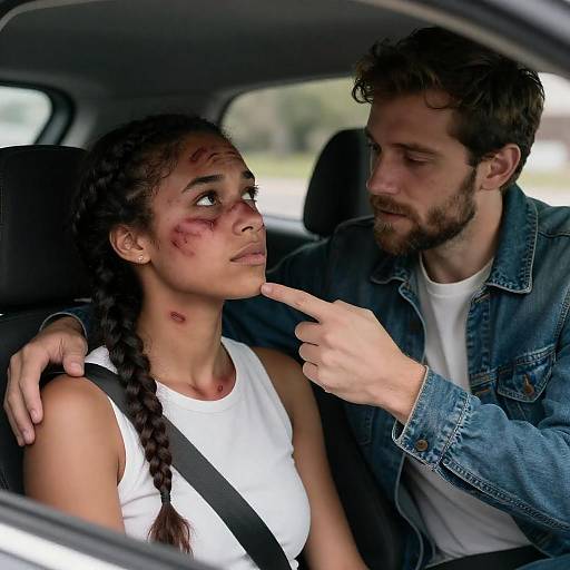 Concerned man pointing at bruised woman in car