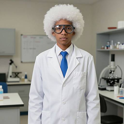Photograph of a young Black man with white afro, black-rimmed glasses, white lab coat, blue tie, standing in a lab.