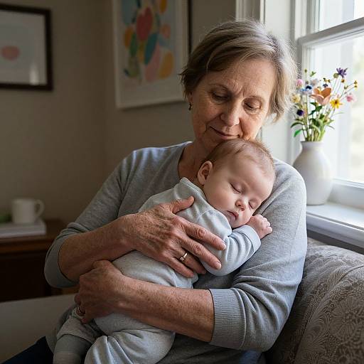 Elderly Woman Cradling Sleeping Infant