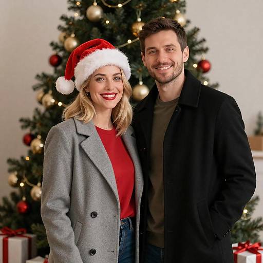 Photograph of a smiling blonde woman in a red shirt and gray coat with Santa hat, and a bearded man in black coat, standing in front
