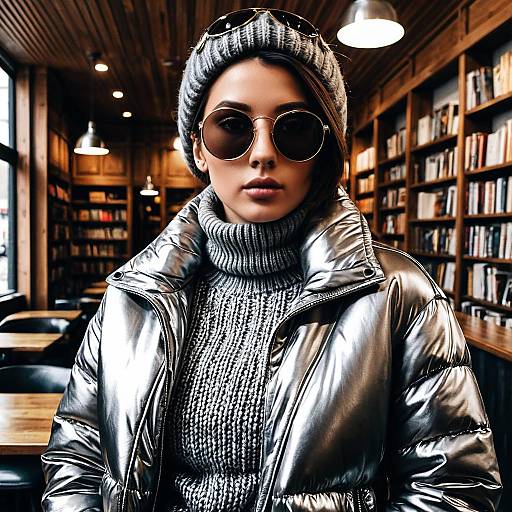 Stylish Woman in Metallic Silver Puffer Jacket