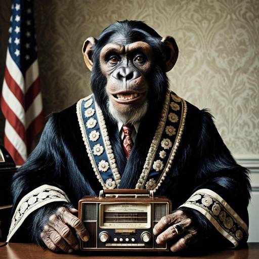 Anthropomorphic Chimpanzee President with Vintage Radio