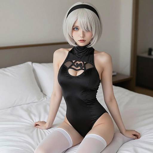 Young Woman in Black Leotard and White Stockings