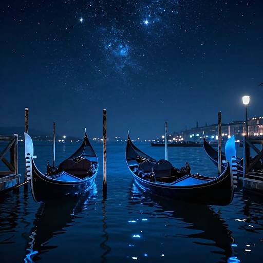 Photograph of three illuminated gondolas at a Venice night dock, under a starry sky with the Milky Way visible.