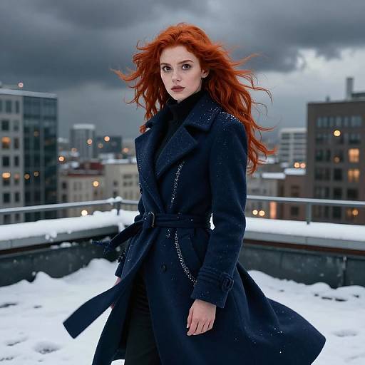 Photograph of a red-haired woman with fair skin, wearing a dark blue coat, standing on a snowy rooftop at dusk. Cityscape with cloudy sky