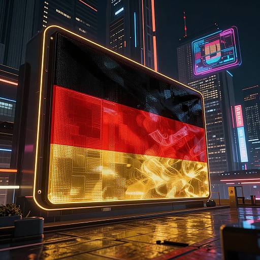 Neon-lit urban night scene with a large, illuminated German flag display in front of skyscrapers, reflecting off wet pavement.