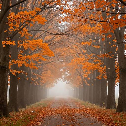 Photograph of a foggy forest path lined with tall trees, their branches adorned with vibrant orange autumn leaves, and carpeted with fallen leaves.