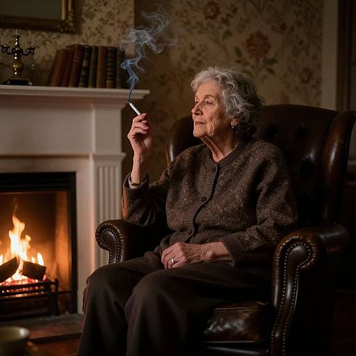 Photograph: Elderly woman with gray hair, dark brown cardigan, and black pants, sitting in leather armchair, smoking cigarette, by lit