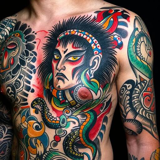 Vibrant Detailed Tattooed Chest Portrait