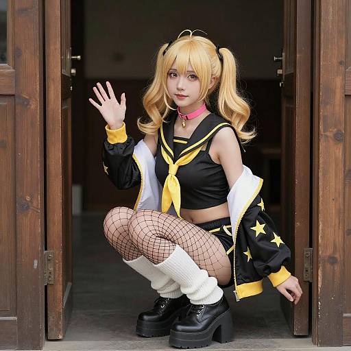 Blonde Cosplay Woman in Dim Doorway